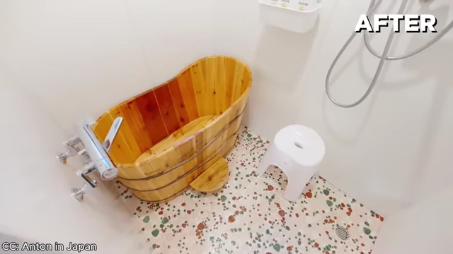 Renovated traditional Japanese wooden bathtub in Anton's Akiya, showing modern amenities.