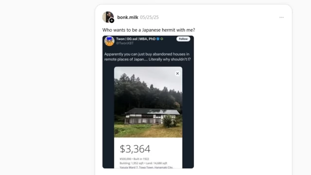 A social media post showing a house for $3,364 and asking "Who wants to be a Japanese hermit with me?"