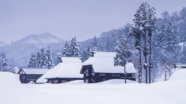 A snow-covered rural Japanese village, illustrating potential harsh winter conditions for Akiya owners.