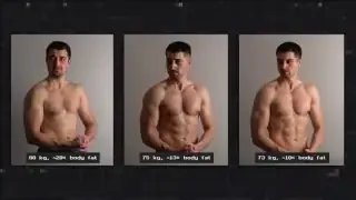The speaker's physique transformation from 80 kg at 20%+ body fat, to 75 kg at ~13% body fat, and finally 73 kg at ~10% body fat, demonstrating how leanness enhances the appearance of muscle definition and size.