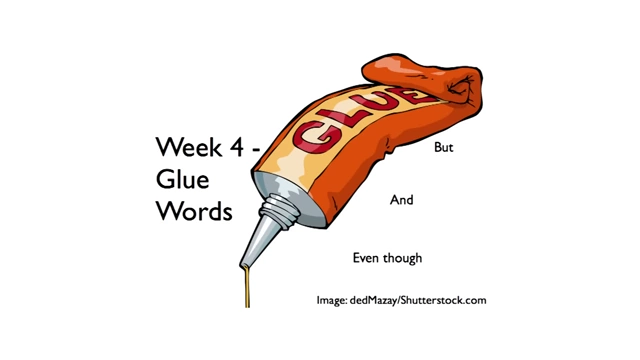 A cartoon image of a glue tube with "glue words" like "but", "and", and "even though" written next to it