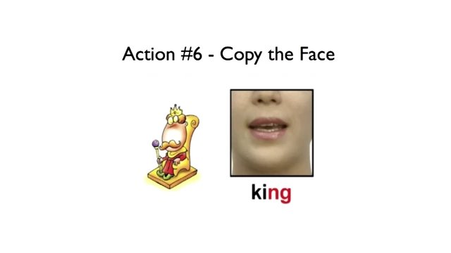 A visual combining an image of a king with a close-up of a mouth forming the 'k' sound in "king", illustrating copying facial movements