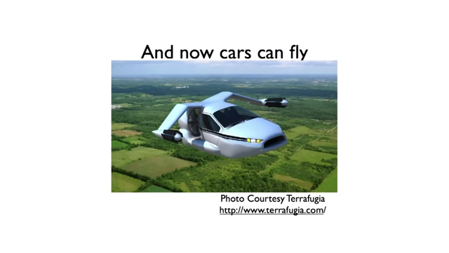 A flying car in the sky, demonstrating that even cars can now fly