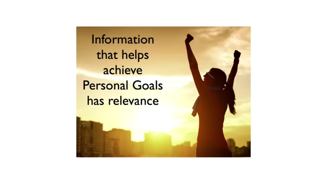 A triumphant silhouette against a sunset, representing "Information that helps achieve Personal Goals has relevance"