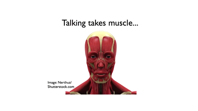 A detailed anatomical illustration of facial muscles, indicating that speaking requires muscle control