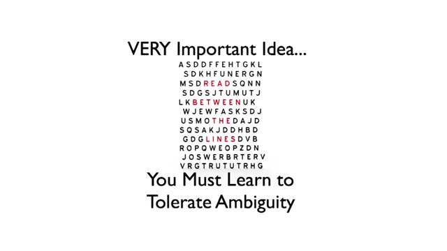 A word search puzzle with "READ BETWEEN THE LINES" highlighted, followed by the statement "You Must Learn to Tolerate Ambiguity"
