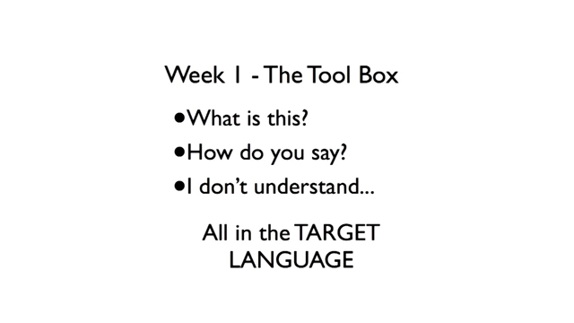 A slide listing essential phrases for Week 1 of language learning