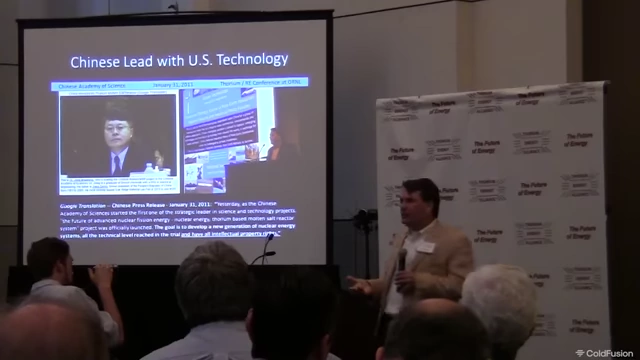 Slide showing China's lead in thorium research based on U.S. technology