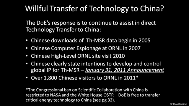 Slide detailing perceived willful transfer of thorium technology to China