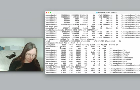 Terminal output of the `df -k` command displaying disk usage in kilobytes.