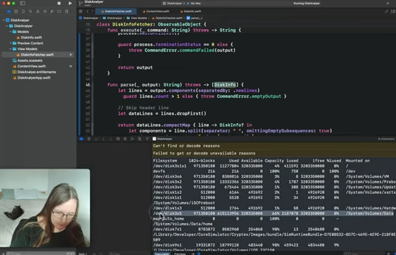Swift code parsing raw `df` command output into `DiskInfo` objects.