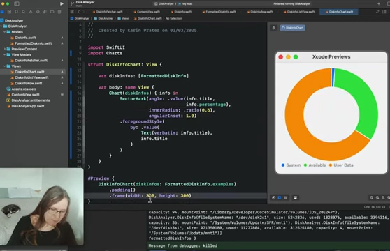 SwiftUI `DiskInfoChart` displaying disk space allocation as a donut chart with percentages.