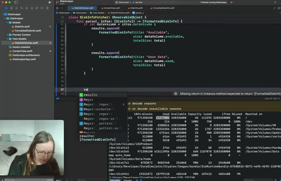 Swift code converting raw `DiskInfo` into formatted `FormattedDiskInfo` for UI display.