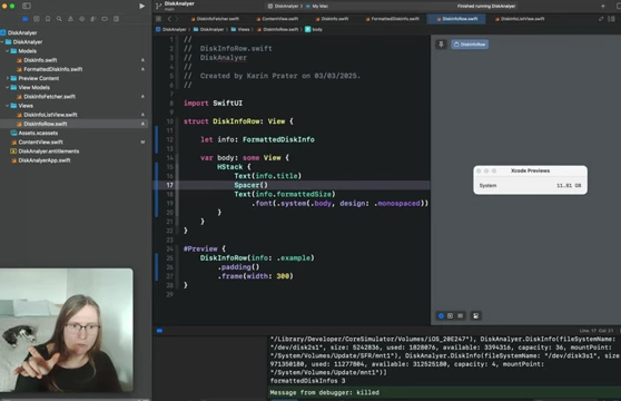 SwiftUI `DiskInfoRow` displaying disk title, formatted size, and a custom progress bar.