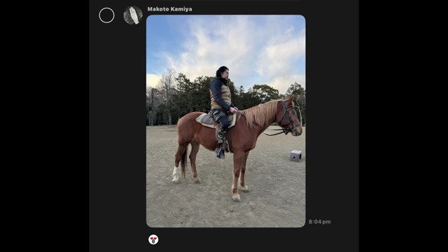 A photo of Makoto taking horse riding lessons prior to the shoot.