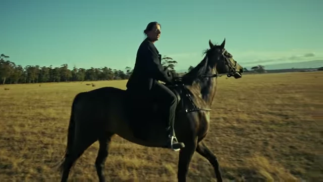 Stunt double Mel Horan riding the horse in Makoto's wardrobe.