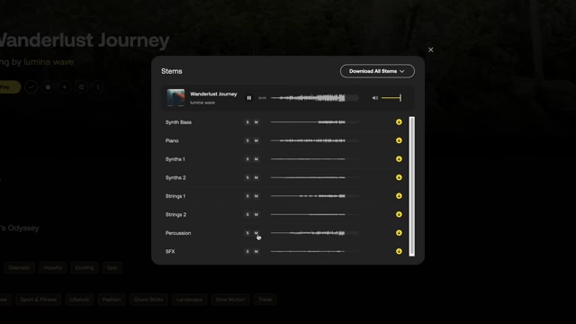 The interface showing individual stems (synth bass, piano, strings, percussion) for a music track, allowing precise control.