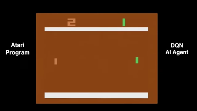 Screens showing the Pong game being played by the DQN AI agent, demonstrating its gradual learning process