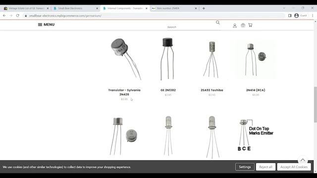 Small Bear Electronics website showing various individual germanium transistors for sale.