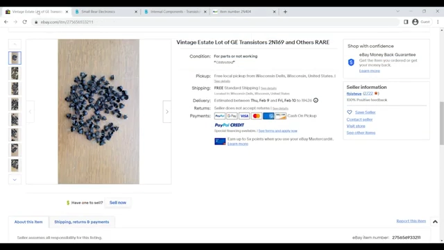 eBay listing showing a pile of "Vintage Estate Lot of GE Transistors 2N169 and others Rare".