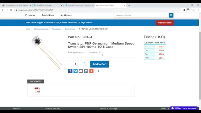 NTE Parts Direct website showing a 2N404 transistor with quantity-based pricing.