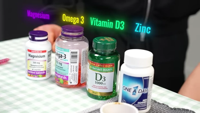 Bottles of Magnesium, Omega 3, Vitamin D3, and Zinc supplements, identified as essential for Max's strict diet