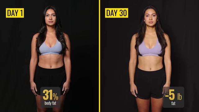 Isabel's Day 1 (31% body fat) vs. Day 30 transformation, showing a loss of 5 lbs of fat