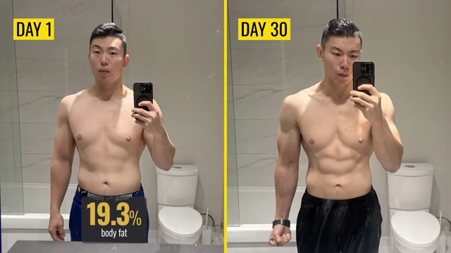 Max's body fat percentage transformation from 19.3% on Day 1 to 12.9% on Day 30, showing significant fat loss