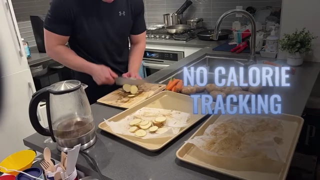 Meal preparation of potatoes, with the text 'NO CALORIE TRACKING' overlaid, highlighting a key aspect of the CPB diet