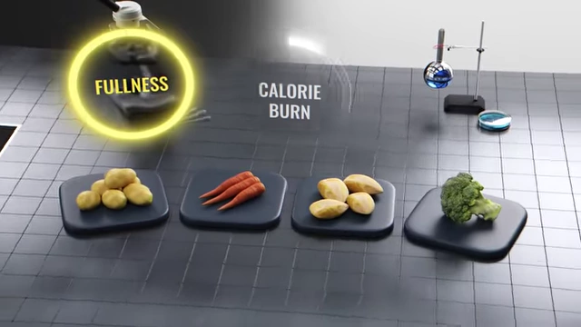 Animated graphic highlights the diet's goals: maximizing fullness and calorie burn through specific food choices