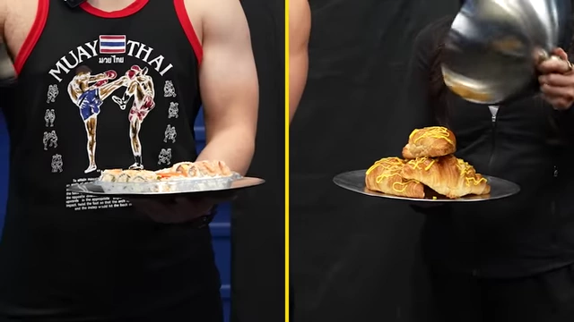 Max with a plate of sushi and Isabel with croissants, representing the 'treat' foods they would forgo during the diet