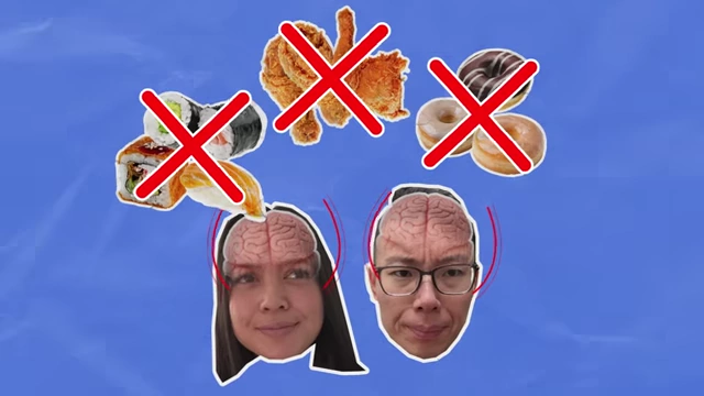 An illustration depicting the brain's food reward system being suppressed by eliminating highly palatable foods like sushi, fried chicken, and donuts