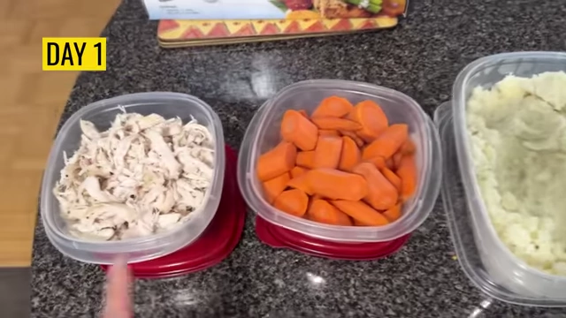 Isabel's meal prep on Day 1, showing shredded chicken, carrots, and mashed potatoes in containers