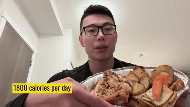 Max holding a plate of his CPB meal, with an overlay indicating his estimated consumption of '1800 calories per day'