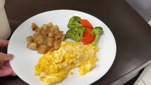 Isabel's updated meal plan on Day 9, featuring scrambled eggs along with potatoes, broccoli, and carrots