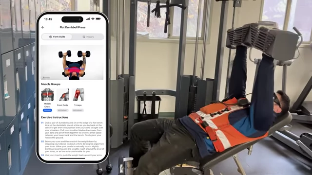 Max performing a dumbbell press, with an overlay of the Built with Science Plus app providing exercise guidance