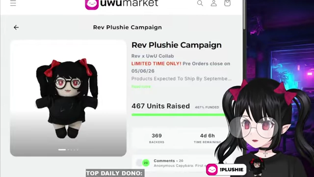 Rev Plushie Campaign progress showing 467 units raised