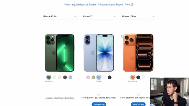 Design and pricing comparison of iPhone 13 Pro, iPhone 17, and iPhone 17 Pro models