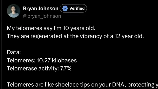 Bryan Johnson's tweet claiming his telomeres are 10 years old