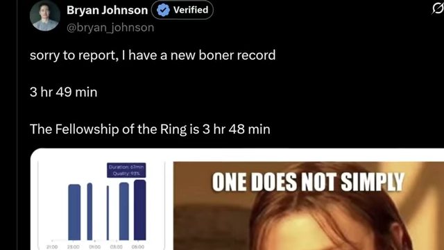 Bryan Johnson's tweet announcing a new record for his nighttime erection duration