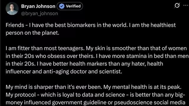 Bryan Johnson's tweet boasting about having the best biomarkers in the world and being 'fitter than most teenagers'