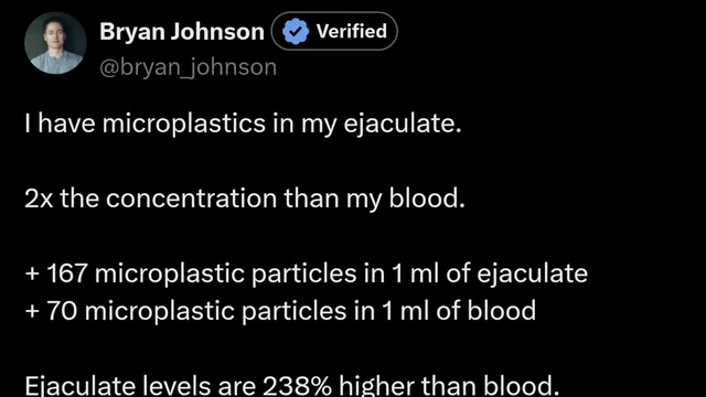 Bryan Johnson's tweet revealing a high concentration of microplastics in his ejaculate