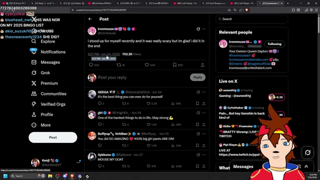 Ironmouse's earlier tweet about standing up for herself.