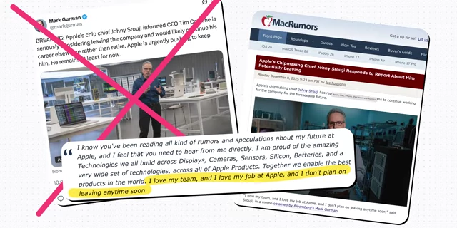 Mark Gurman's tweet about Johny Srouji's potential departure crossed out, alongside a MacRumors article quoting Srouji denying the rumors