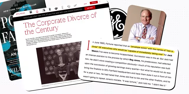 News articles detailing GE's "Corporate Divorce of the Century" and Welch's succession process