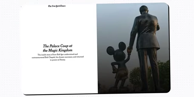 New York Times article titled "The Palace Coup at the Magic Kingdom" about Disney's turbulent succession