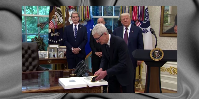 Tim Cook presenting a product to then-President Donald Trump in the Oval Office