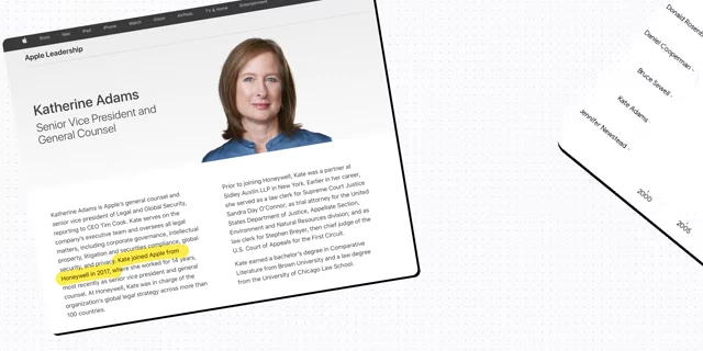 Apple Leadership page showing Katherine Adams' profile and tenure