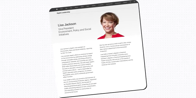 Apple Leadership page showing Lisa Jackson's profile