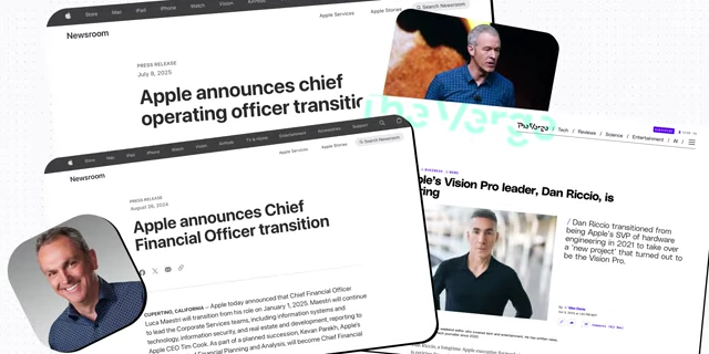 News articles announcing chief operating officer and chief financial officer transitions at Apple